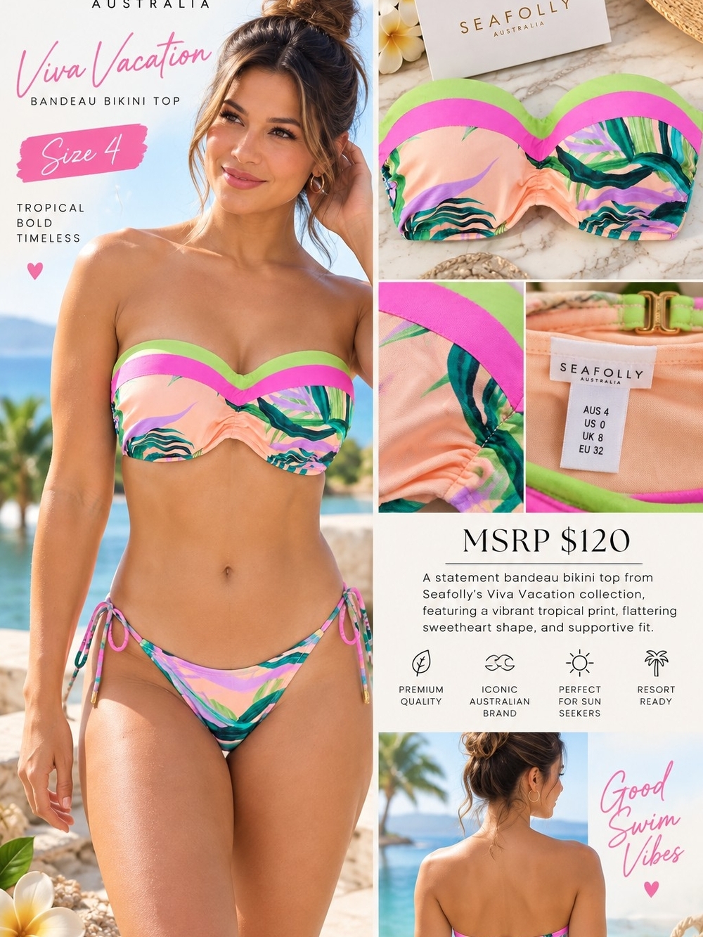 Seafolly Viva Vacation Bandeau Bikini Top - Peach & Pink Tropical Print - Picture 1 of 3